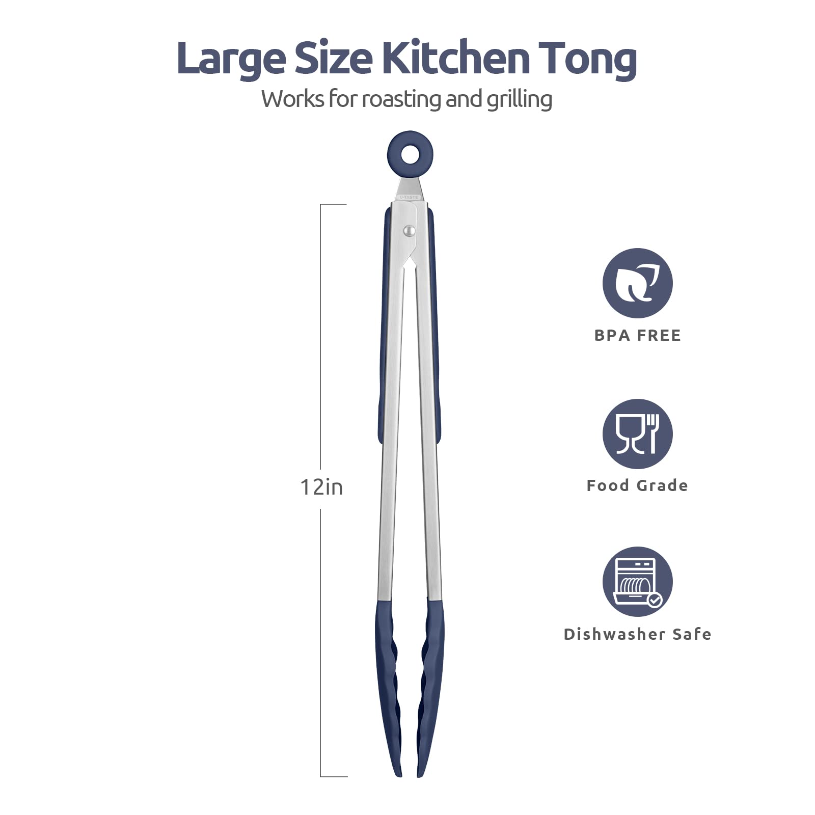 600F Heat Resistant Kitchen Tongs: U-Taste 12 Inch Large Silicone Cooking Tong With Non Stick Rubber Tips & Silicon Coated 18/8