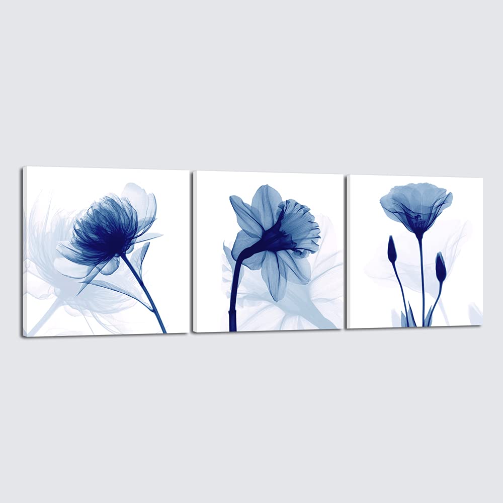 Wieco Art Blue Flowers 3 Panels Canvas Print Wall Art Modern Pictures Artwork For Living Room Bedroom And Home Decorations