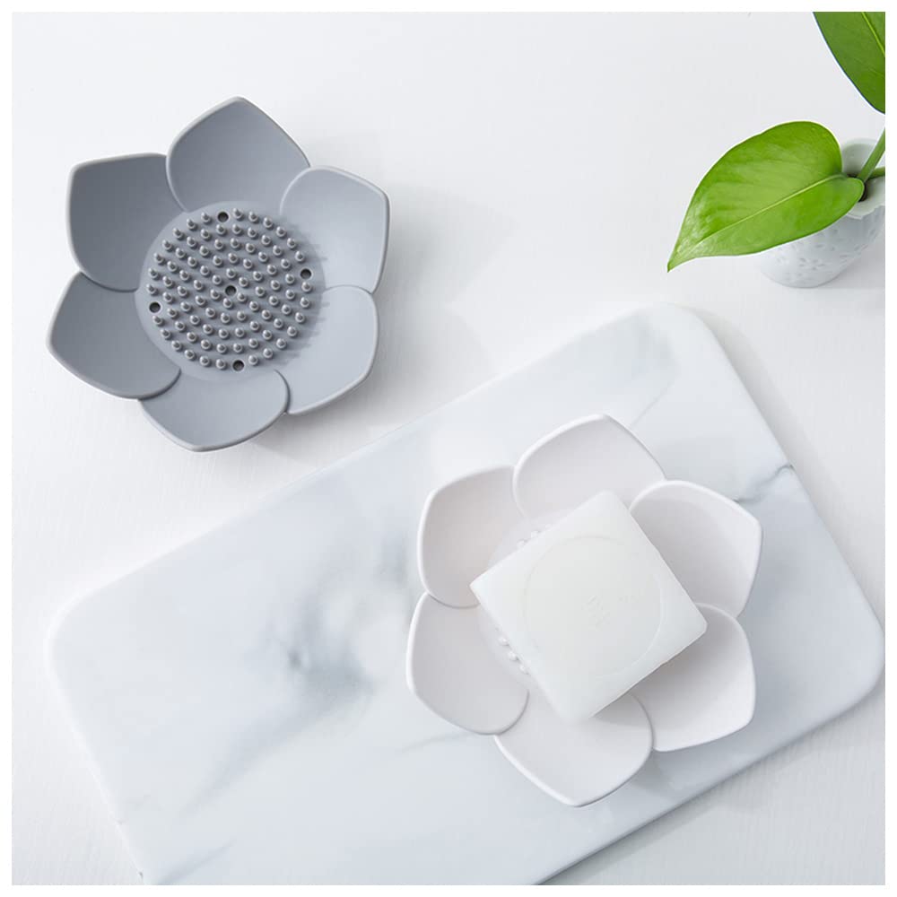 Silicone Soap Dishes With Draining. Bathroom Bar Soap Holder For Shower. Soap Tray For Kitchen Sink. Flower Shape Soap Saver For