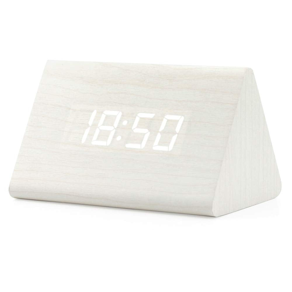 OCT17 Wooden Wood Clock, New Version LED Alarm Digital Desk Clock Adjustable Brightness, Alarm Time, Displays Time Date Temperat