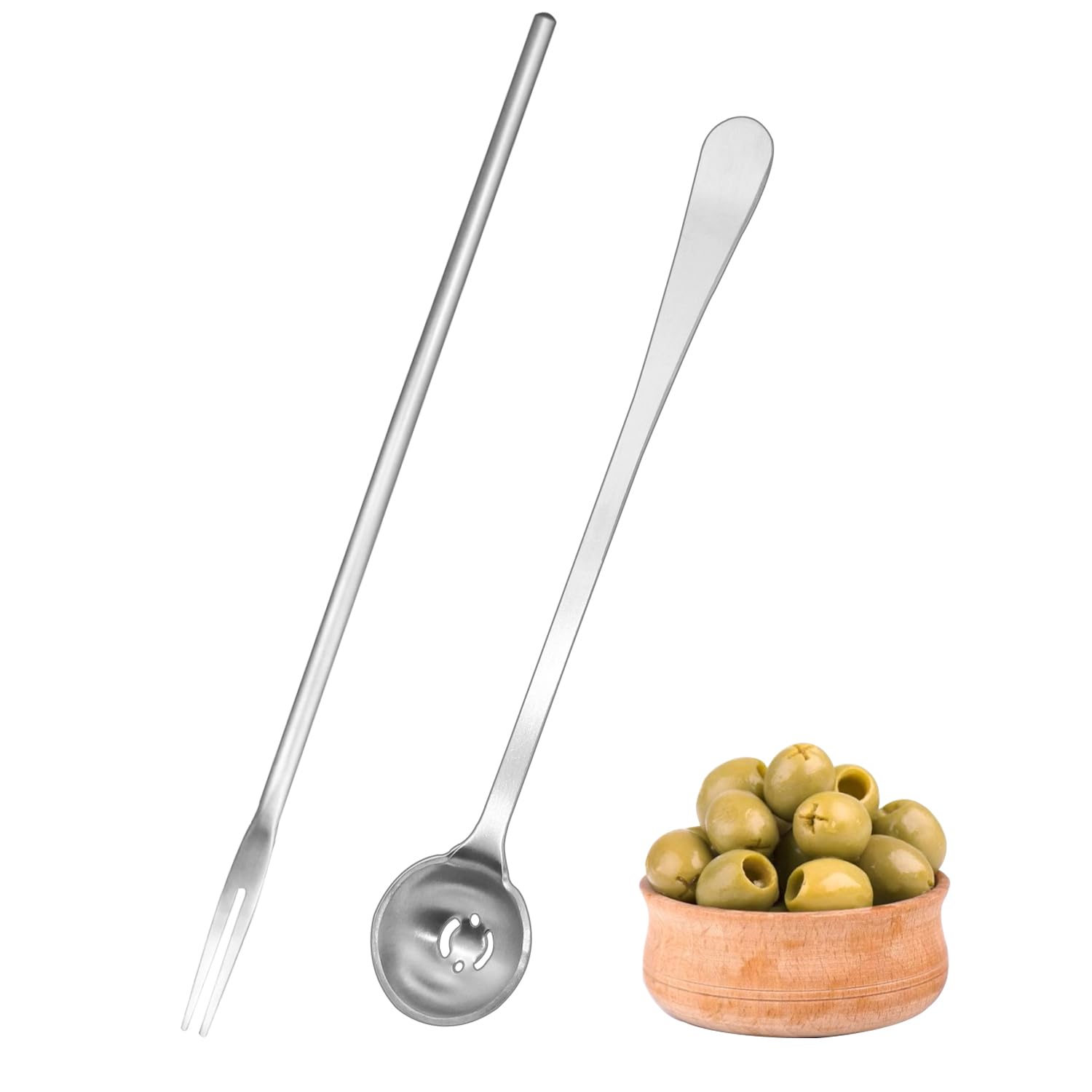 2 Pcs 8.7 Inch Pickle Fork and Olive Spoon Strainer Set 8.6 Inch Stainless Steel Long Handle Pickle Fork Jars Serving Spoon with