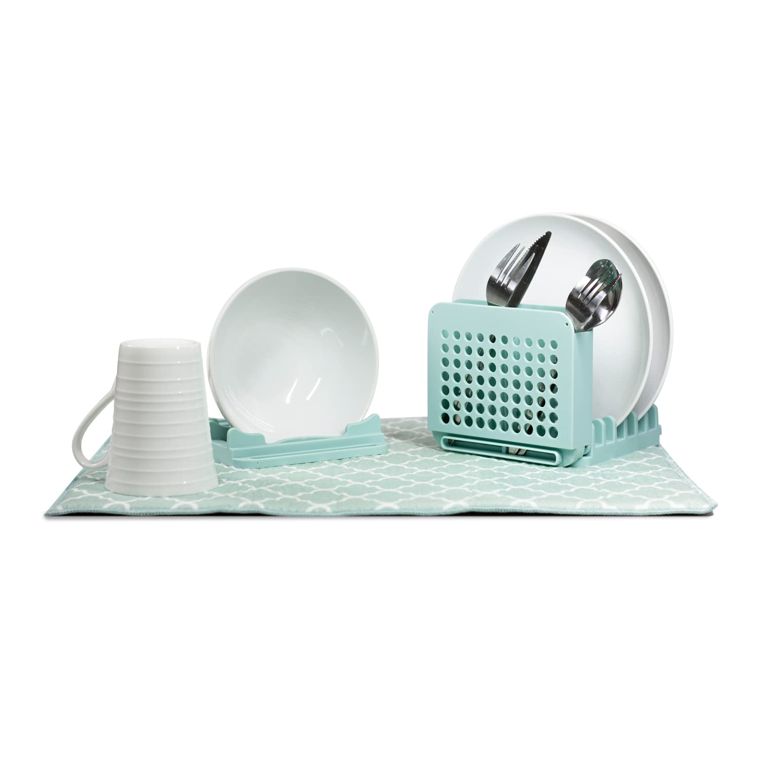 Grand Fusion Compact Collapsible Dish Dryingrack And Ultra Absorbent Microfiber Mat, Dish Rack For 5 Plates, 2 Bowls And Silverw