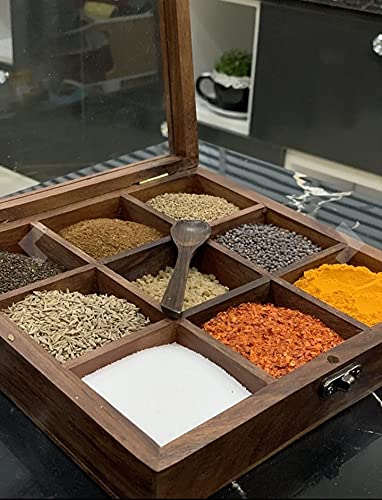 Delux Wood Carver Wooden Spice Box/Masala Dabba/Brown / 1 Piece