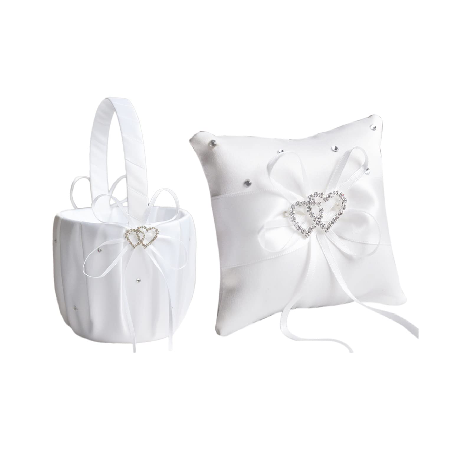 Ring Bearer Pillow And Wedding Flower Girl Basket Set With Double Heart Rhinestone White Satin Wedding Basket And Ring Pillow Se