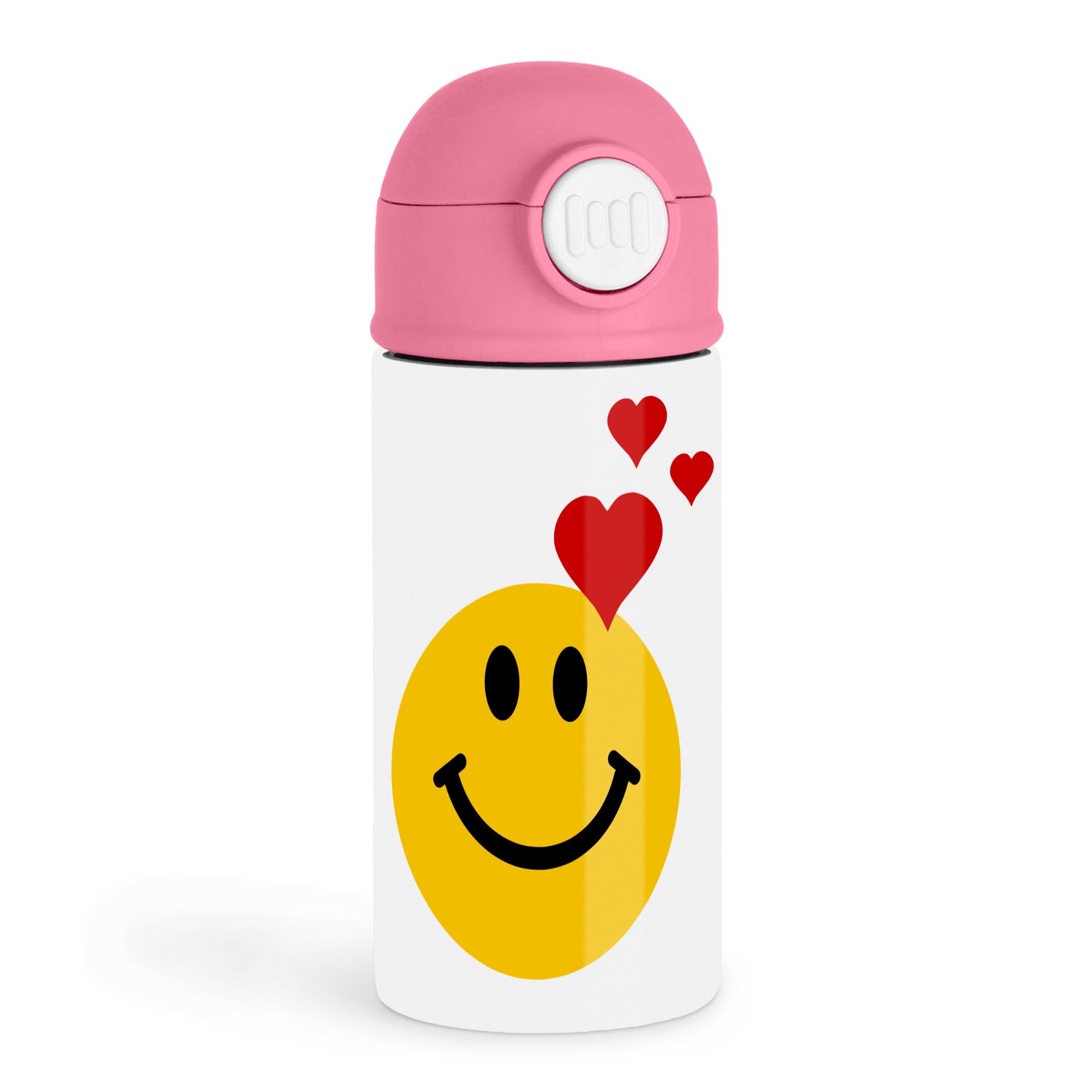 Sweet Romantic Partner 12oz Kids Pink Bottle  Yellow smiling face with red hearts  Picnic Day, Playtime Hydration