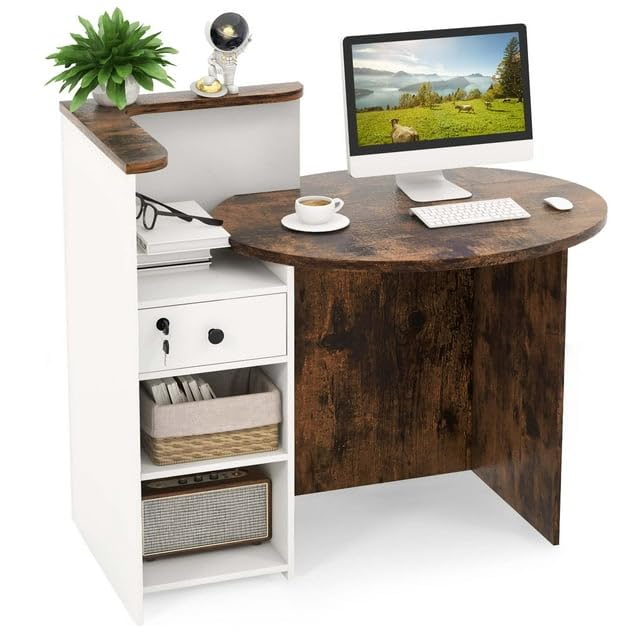 Tekavo Zenzest Reception Table For Office, Shop, Clinic, Showroom | Cash Counter Table With Lock Drawer & Open Shelf | Front Des