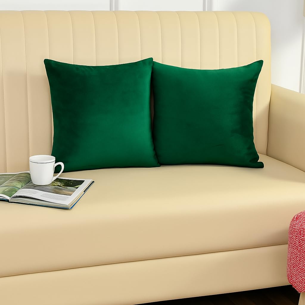 Stuffique Velvet Pillow Solid Plain 190 Tc Cushion Covers Pack Of 2 (12 X 12 Inch) Green