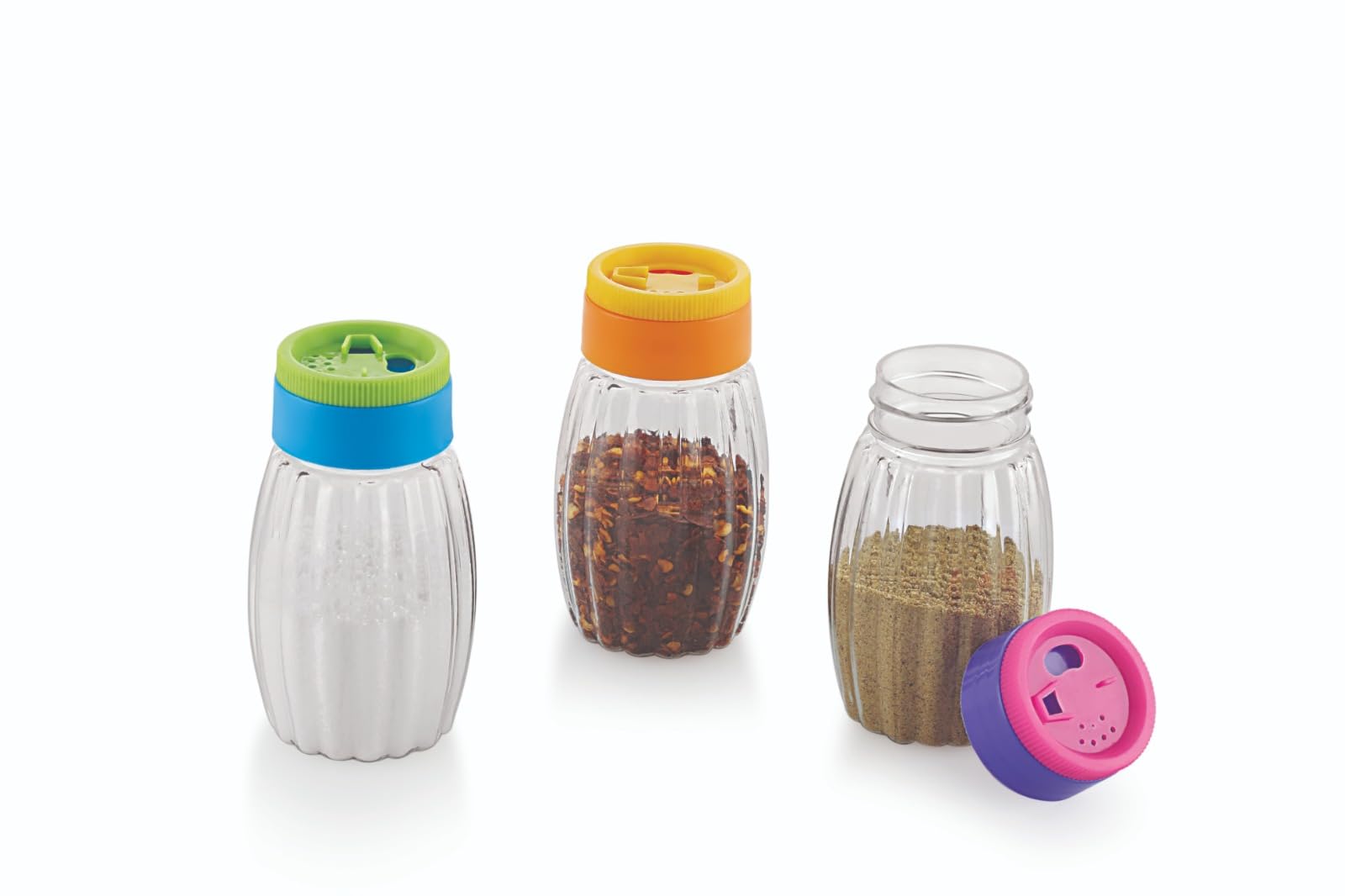 Puthak Plastic Spice Jar Set With DualOpening Colourful Lids, Set Of 3