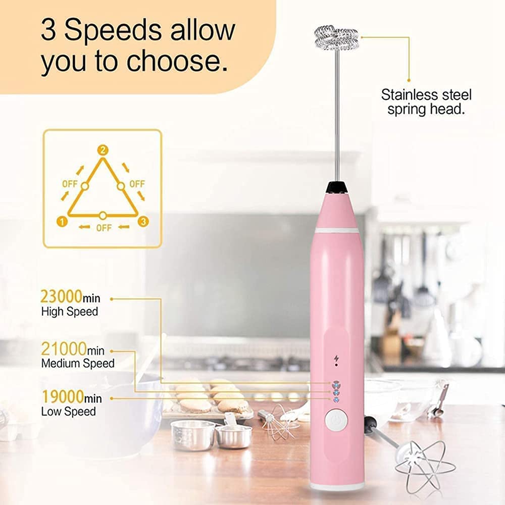 Immersion Blender Milk Frother Handheld Foam Maker USB Rechargeable Coffee Frother with 2 Stainless whisks 3-Speed Adjustable Mini Blender