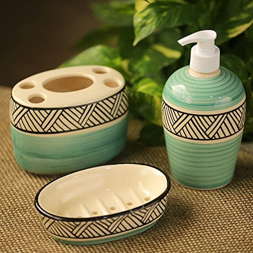 Exclusivelane Sea Green Sky 3 Piece Ceramic Bathroom Accessories Set Of 3 (Soap Tray, Ceramic Toothbrush Holder For Bathroom, 