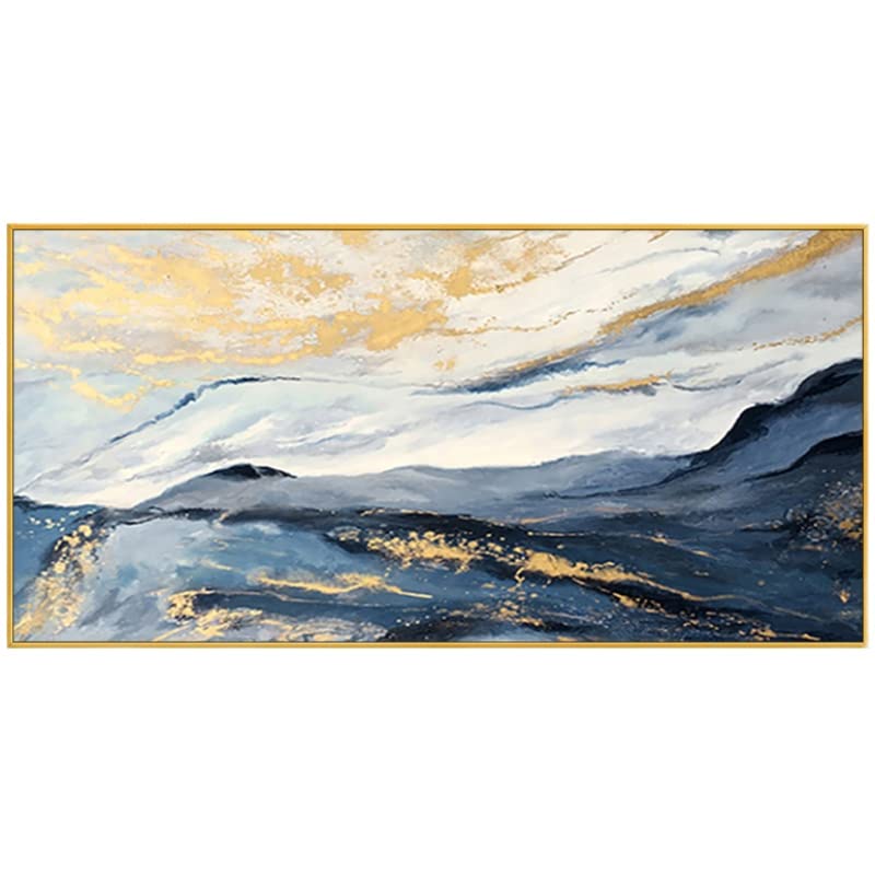 Blue And Gold Abstract Canvas Art Wall For Living Room-Framed Blue Mountain Oil Painting For Bedroom -Modern Landscape Wall Deco