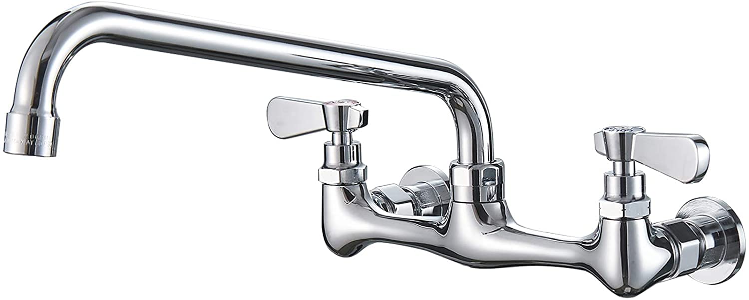 Bathfinesse Commercial Kitchen Faucet, Wall Mount, 12-Inch Swivel Spout, Dual Handle, Chrome Mixer Tap, Heavy Duty Brass Constru