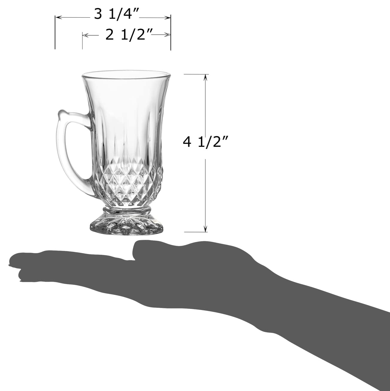 Red Co. 6-Pack Classic Clear Cut Glass 4.5 Oz Footed Turkish Tea Cups with Handles  Etched Design