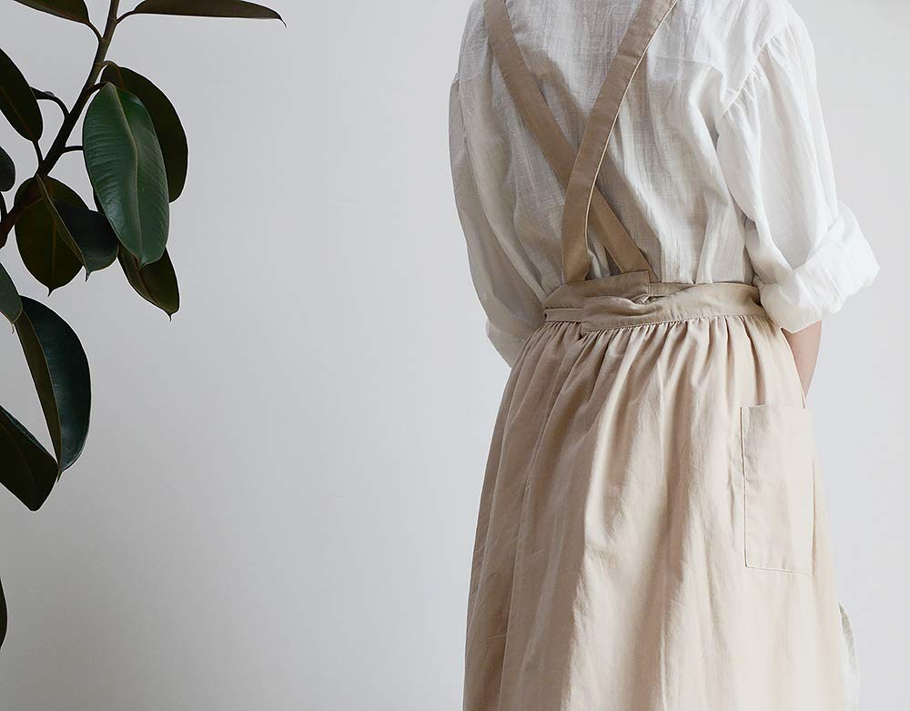 Losofar Cotton Pleated Apron Retro Waterdrop Proof Garden Cleaning Pinafore Dress (Wheat, 103Cmx86Cm)
