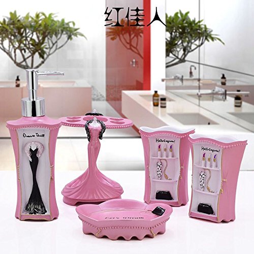 5 Piece Bathroom Accessories Set, Collection Bath Set Features Soap Dispenser, Toothbrush Holder, Tumbler, & Soap Dish (Pink)