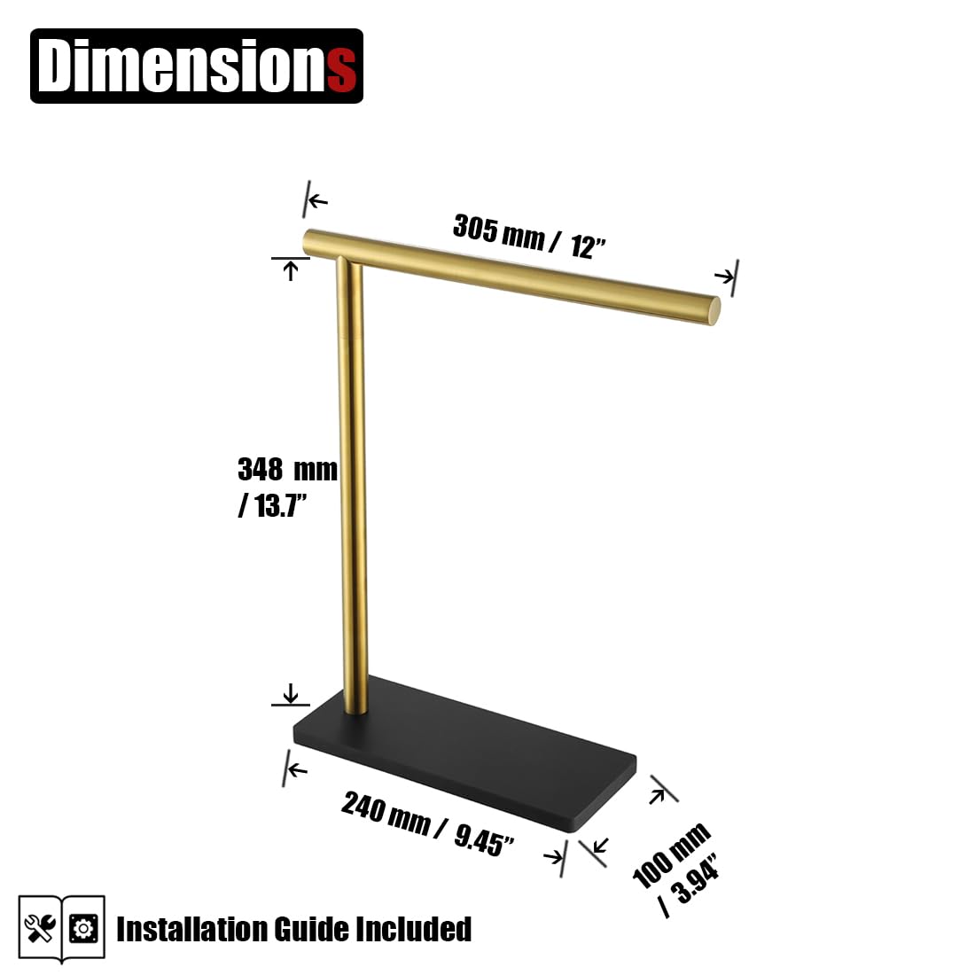 Jqk Hand Towel Holder Stand Brushed Gold, Modern Tree Rack Free Standing For Countertop With 12 Inch Bar, 304 Stainless Steel Th