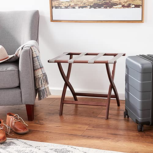 Wooden Mallet Designer Curve Leg Luggage Rack  Grey Straps  Mahogany