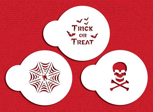 Designer Stencils Mini Trick Or Treat Stencil Set, (Spider Web, Skull And Bones, And Trick Or Treat) Beige/Semi-Transparent