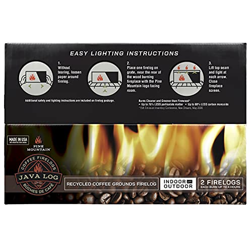 Pine Mountain Java Log, Recycled Coffee Grounds 4-Hour Firelog Long Burning Firelog For Campfire, Fireplace, Fire Pit, Indoor &