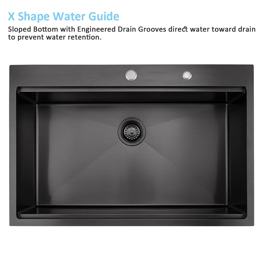 33 Inch Black Kitchen Sink Drop In Workstation-Bokaiya 33x22 Single Bowl Drop In Kitchen Sink Top Mount Workstation Sink 16 Gauge Deep Black Stainless Steel Kitchen Sink with Cutting Board