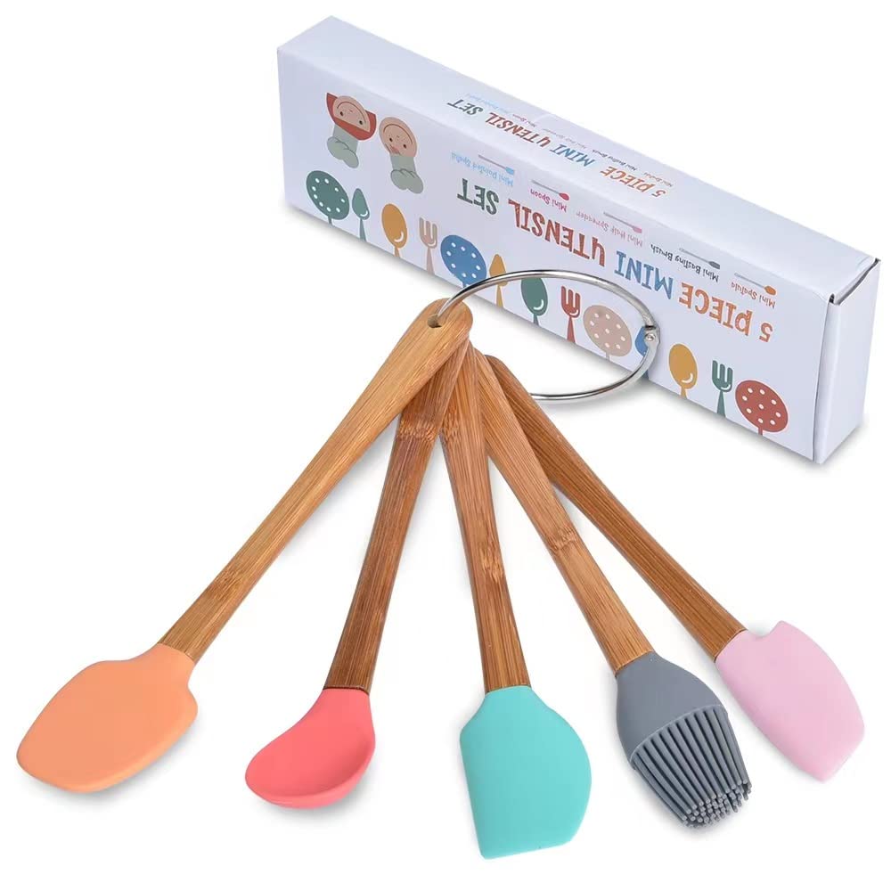 5 Piece Silicone Spatula,Mini Rubber Spatula Wooden Handle,Heat Resistant Silicone Spatula Set,Kitchen Utensils Non-Stick For Ba