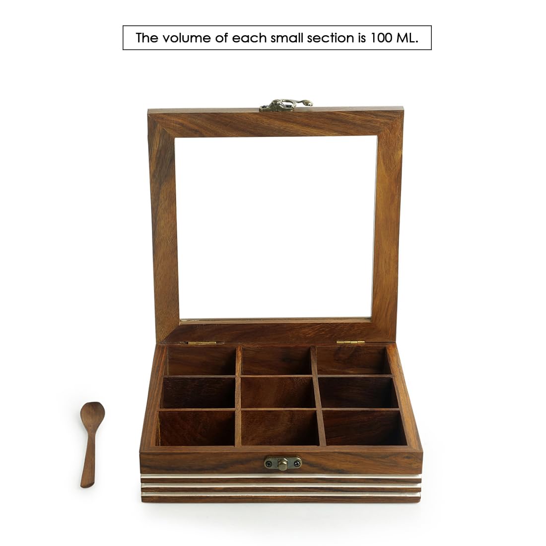 ExclusiveLane Wooden Spice Box | Masala Dabba with 9 Compartments | Size - 8x8x2 inches | Namak Daani with Spoon & See Through L