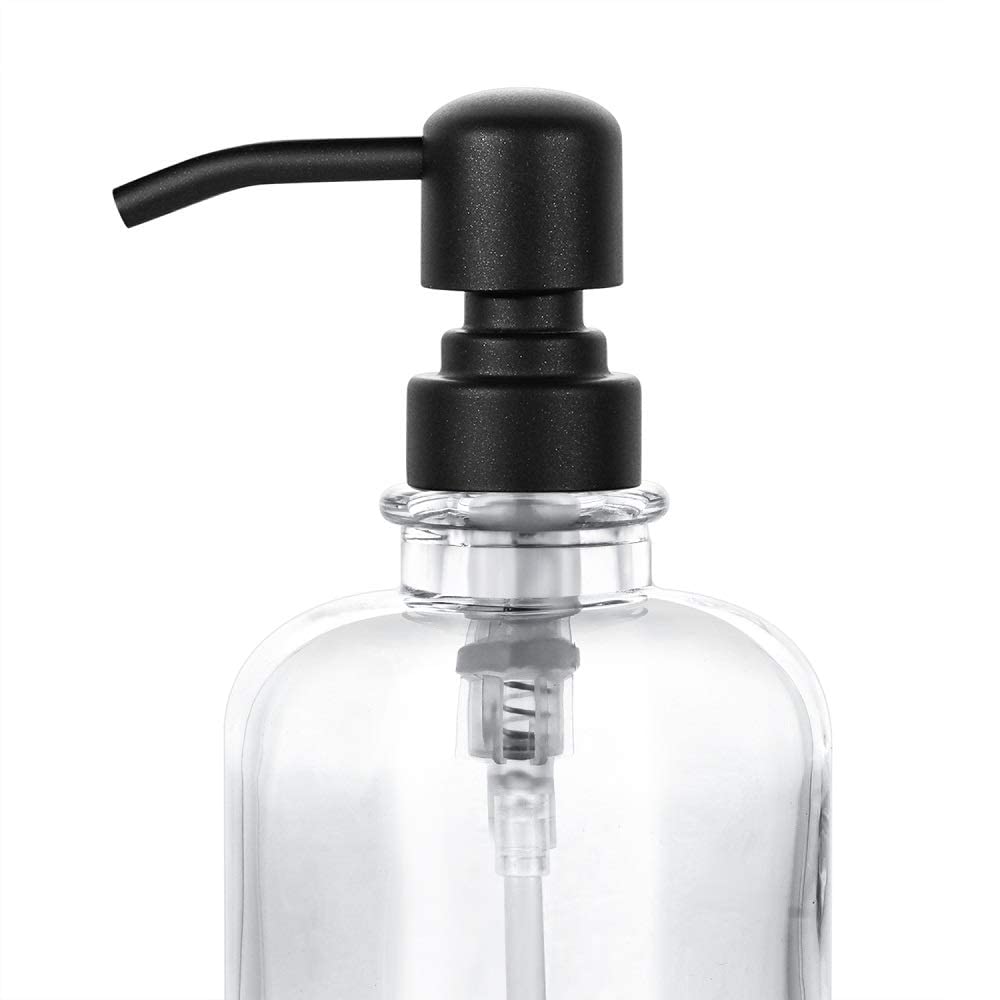 2 Pcs Thick Clear Glass Jar Hand Soap Dispenser Bathroom With Matte Black Stainless Steel Pump, 12Ounce Clear Boston Round Bottl