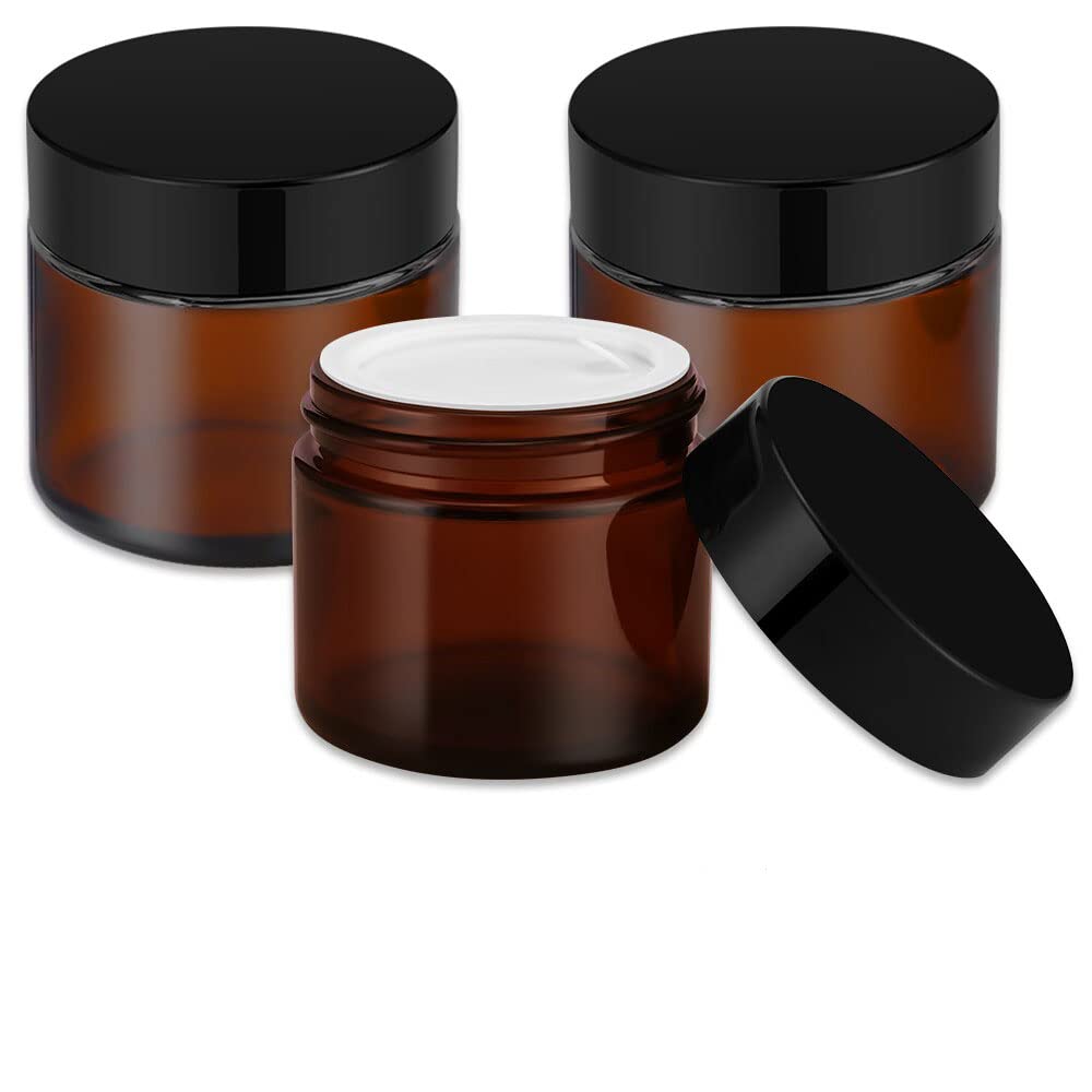 2 Oz Amber Glass Jars With Lids, Bumobum 3 Pack Small Jars With White Labels & Inner Liners, 60 Ml Empty Round Cosmetic Containe