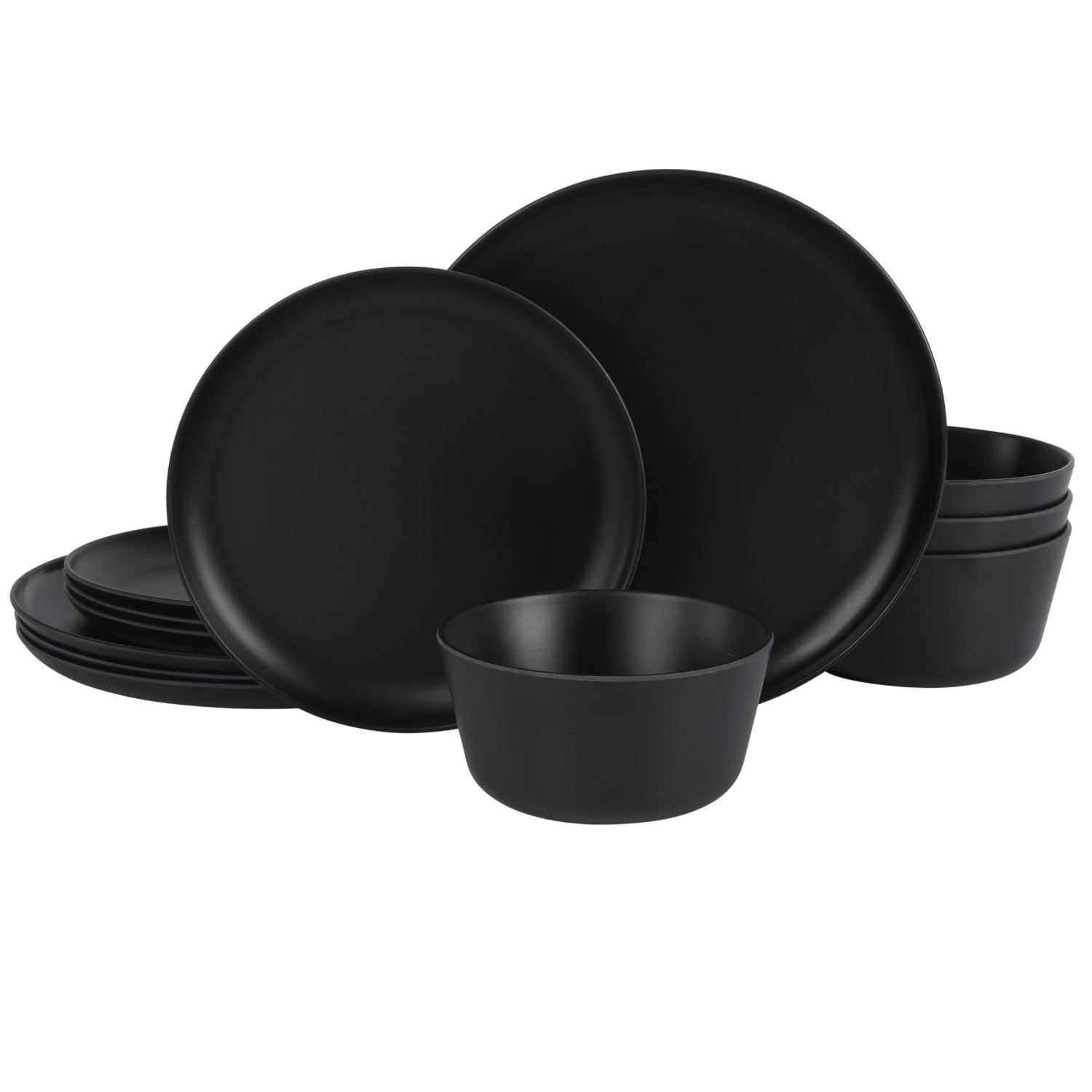 Gibson Home Fairhope 12-Piece Matte Black Melamine Dinnerware Set - Durable Lightweight Plates and Bowls, Kitchen Dining Set