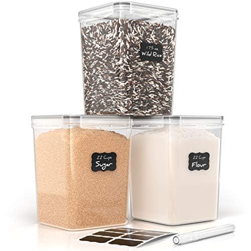 Airtight Food Storage Containers - Set Of 3 Flour And Sugar Canisters For Pantry Storage And Organization - Marker & Labels Incl