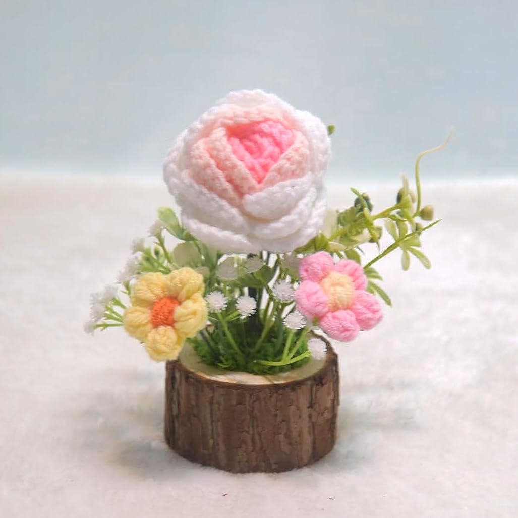Tileafry Handmade Crochet Rose Bouquet Knitted Creative Potted Plant Cute Home Desktop Decorations and Gifts for Friends, Lovers