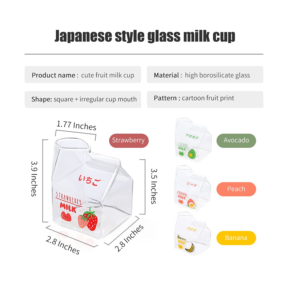 Blsky Kawaii Glass Milk Carton Cup Microwavable 12 Oz Cute Milk Cups Mini Creamer Container Strawberry Square Breakfast Mug Glas
