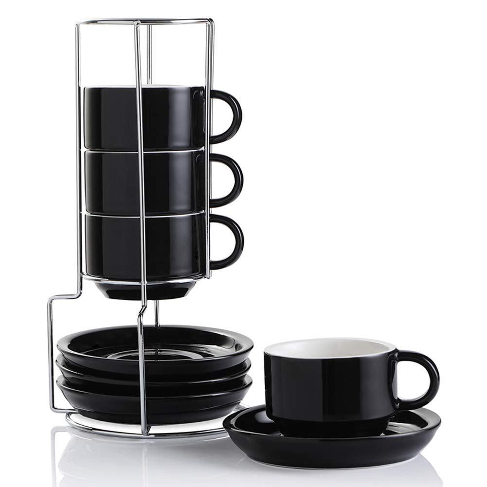 Sweejar Ceramic Espresso Cups with Saucers, 4 Ounce Stackable Cappuccino Cups with Metal Stand for Coffee Drinks, Latte, Tea - S