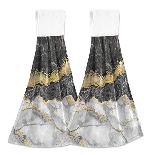 Selerdon Kitchen Hand Towel Black White Marble Gold Foil Hanging Tie Towels 2 Pieces Fast Dry Absorbent Soft Touch Hanging Kitch