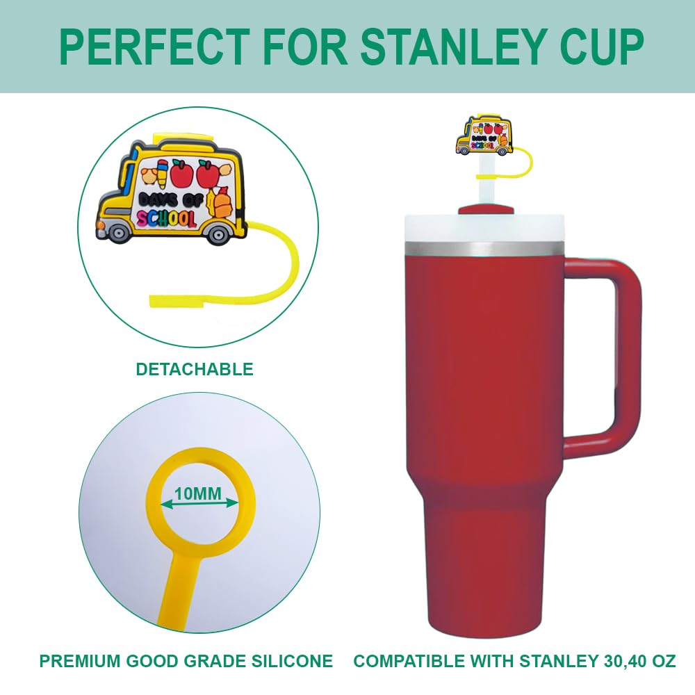 Stracoupi Bus Back To School Silicone Straw Covers For Stanley Cup, Reusable, Cute Straw Toppers Accessories For Tumblers, 2Pcs