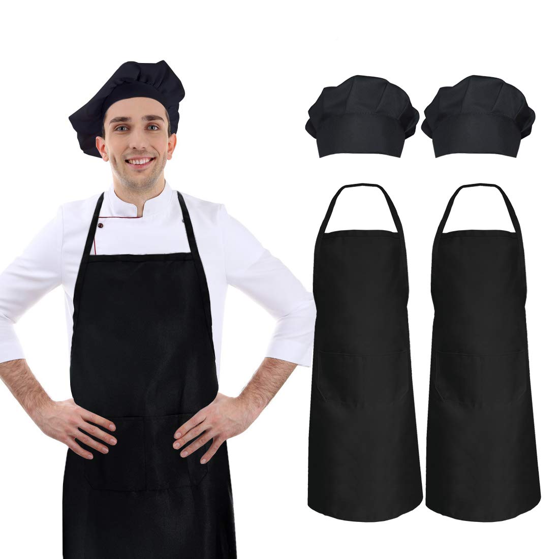 Hi Loyaya 2 Pack Black Chef Hat And Apron Set, Kitchen Cooking Bib Aprons For Men Women Chef With Pockets For Bbq Grilling Bakin