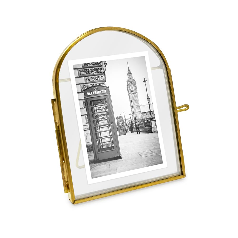 Isaac Jacobs 2x3 Vintage Style, Arched Brass & Glass Metal Floating Picture Frame with Locket Closure (Vertical), Made for Table