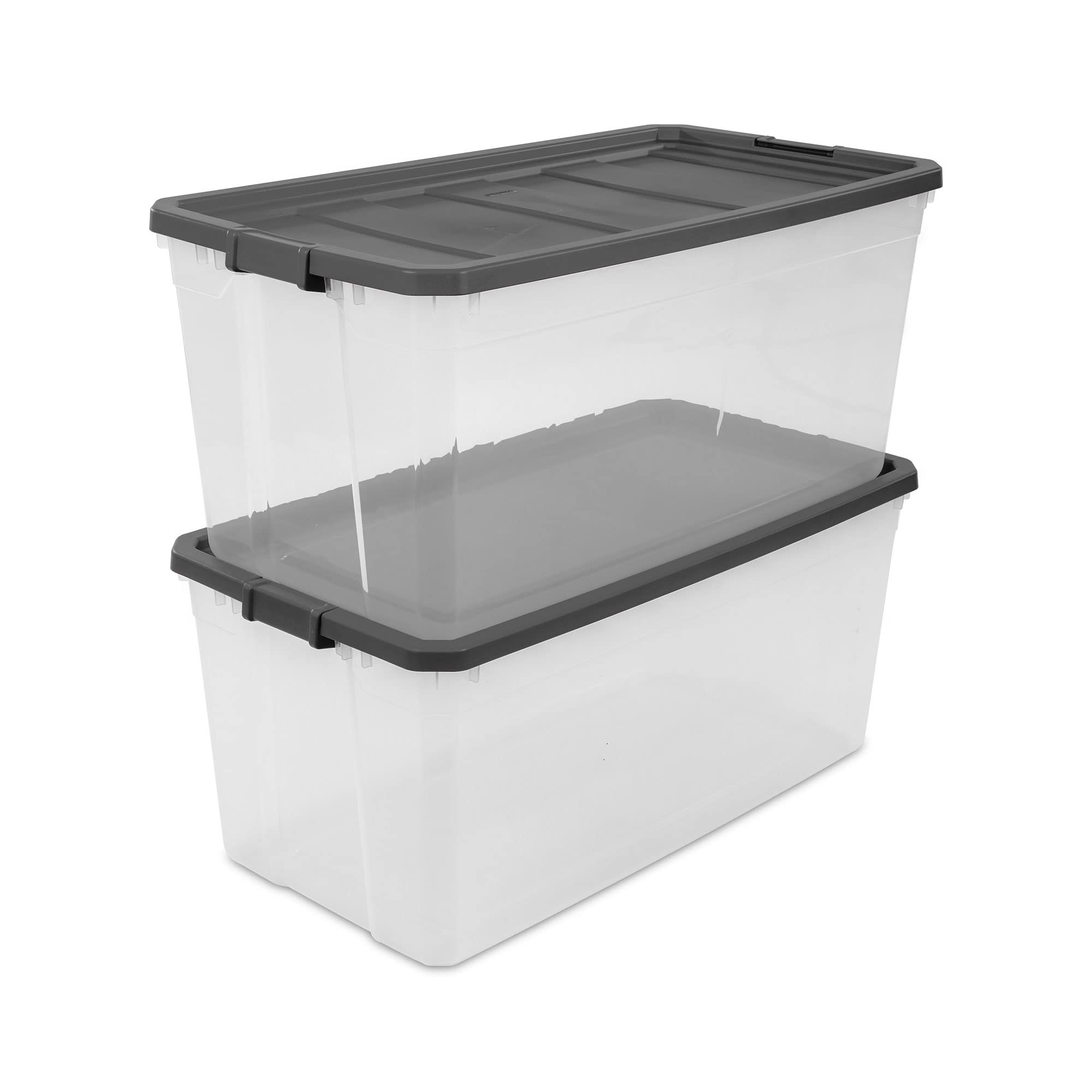 Sterilite 200 Quart Plastic Stacker Box, Lidded Storage Bin Container For Home And Garage Organizing, Shoes, Tools, Clear Base &