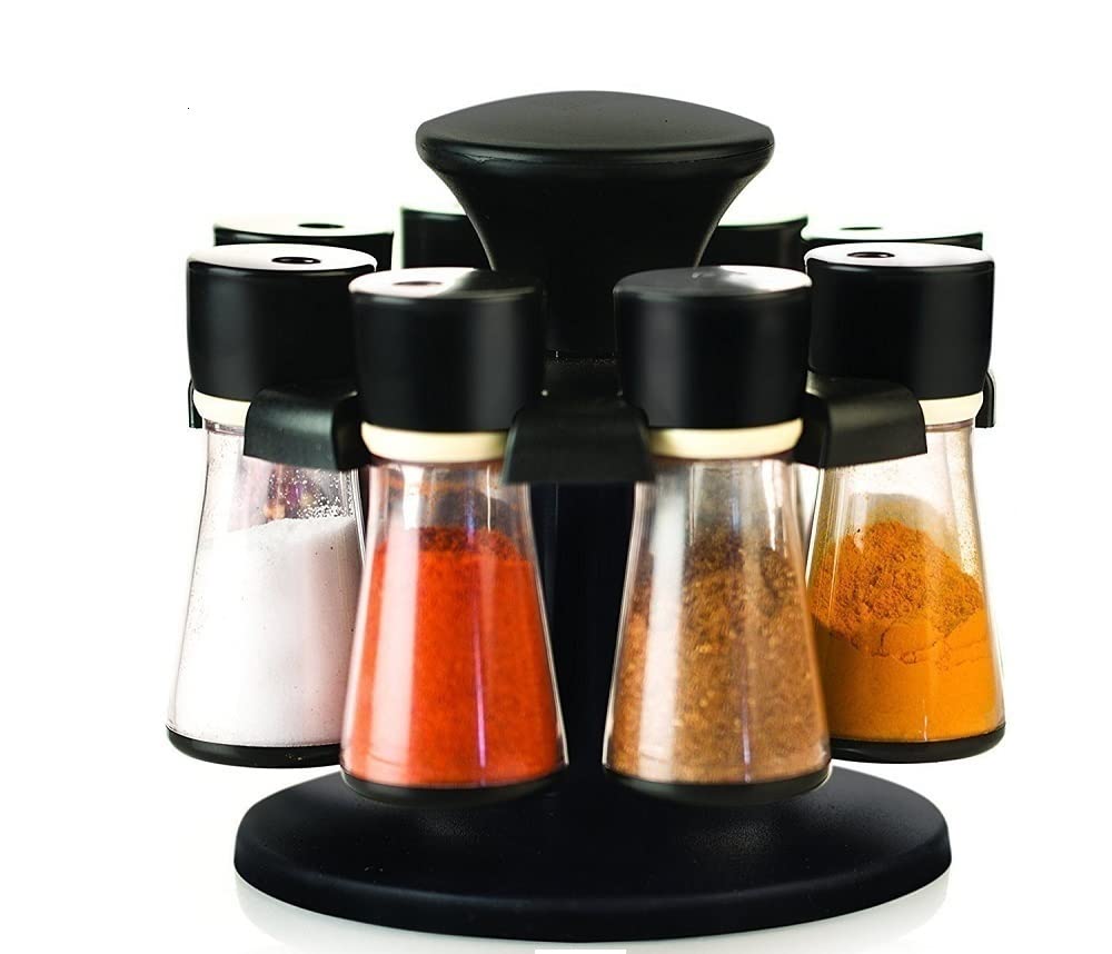 Naivete Abs Plastic Spice Rack 8Pc With Stand, Medium, Black Colour, 1 Piece