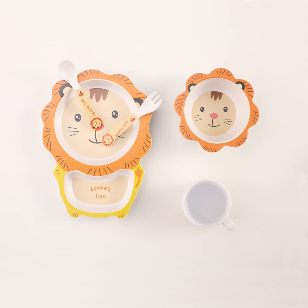 Fekdod Kids Dinnerware Set Bamboo 5 Pcs with Plate Bowl Cup Fork Spoon (Lion)