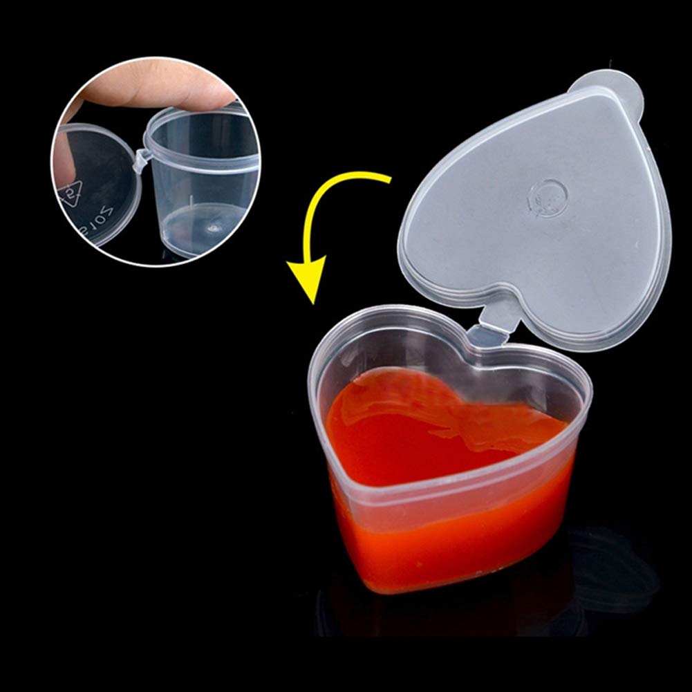 Mollensiuer 50 Pcs Plastic Sauce Cups Heart-Shaped Souffle Cups Heart Shaped Storage Containers Plastic Box With Lids Sauce Cups
