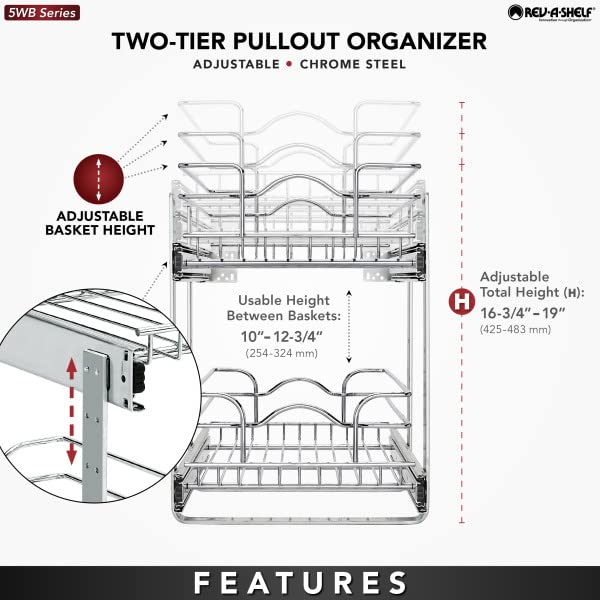 Rev-A-Shelf 2-Tier Kitchen Cabinet Pullout Shelf And Drawer Organizer Slide Out Pantry Storage Basket In Multiple Sizes, 12 X 18