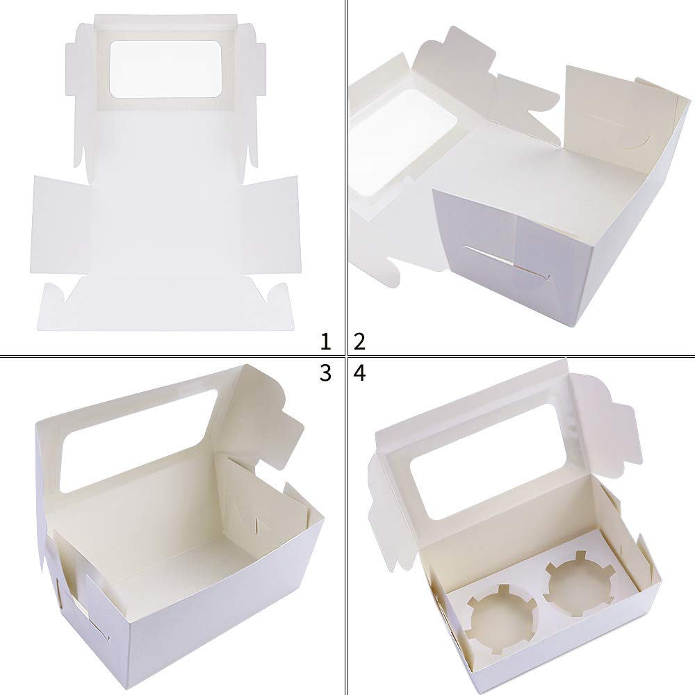 Pralb 50Pack White Paper Cupcake Boxes With Pvc Window And Two Treat Holder, Pastry And Cookie Box,Cupcake Containers Bakery Cak