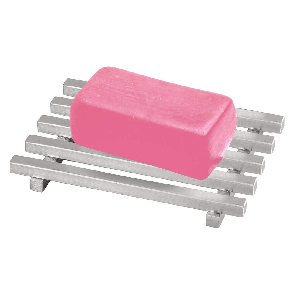 Idesign Steel Self-Draining Kitchen And Bathroom Bar Soap Holder, The Kyoto Collection - 4.25'' X 3'' X 0.5'', Brushed Stainless