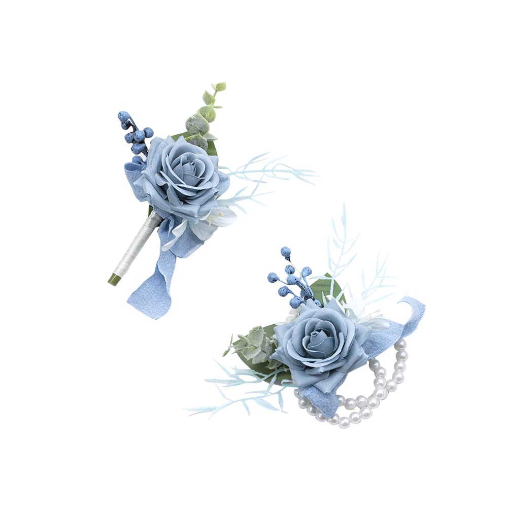 Ansofi Dusty Blue Corsage and Boutonniere Set, Prom Artificial Flower Wrist Corsage Bracelets for Homecoming, Boutonniere for Me