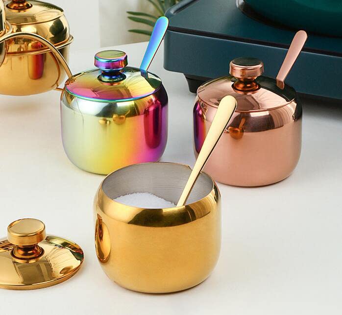 123Arts Stainless Steel Sugar Bowl With Lid And Spoon, Sugar Container For Coffee Salt Spices