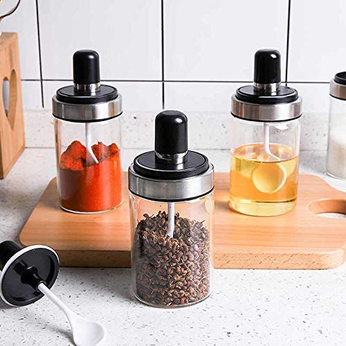 Borosilicate Glass Food, Pickle And Spice Storage Jar With Spoon And Airtight Cap ( 250 Ml ) Set Of 4