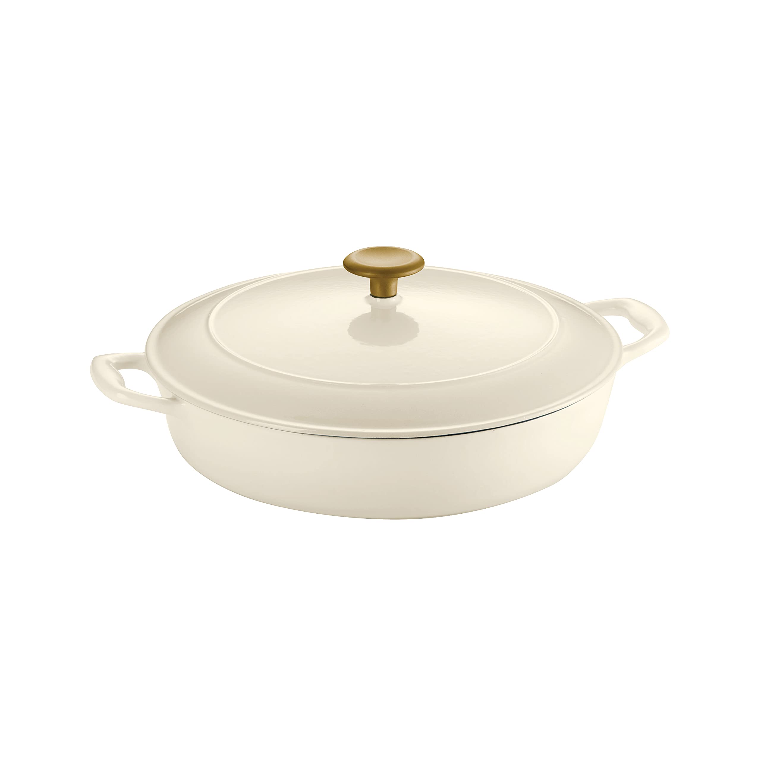 Tramontina Enameled Cast Iron Braiser Pan with Lid, 4quart, Latte with Gold Knob