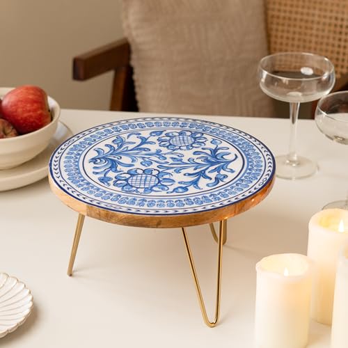 Ritualistic Holland Wooden Cake Stand With Metal Legs | Elegant Cake Display For Decoration & Cutting | Round Dessert Tray For C