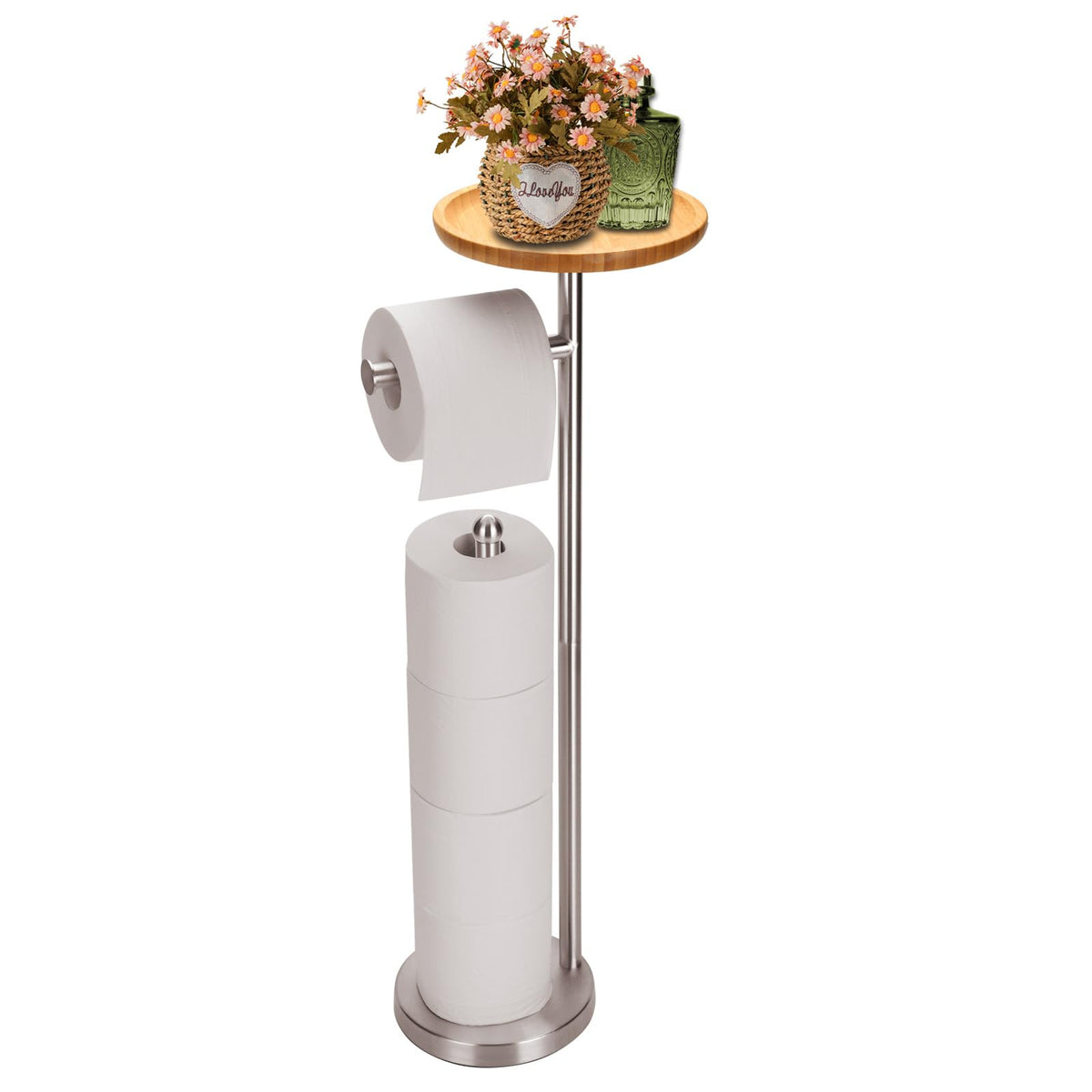 Toilet Paper Holder Stand With 7.9'' Big Bamboo Tray, Holds 5 Rolls, Floor Standing Paper Holder Storage Stand With Phone Shelf,